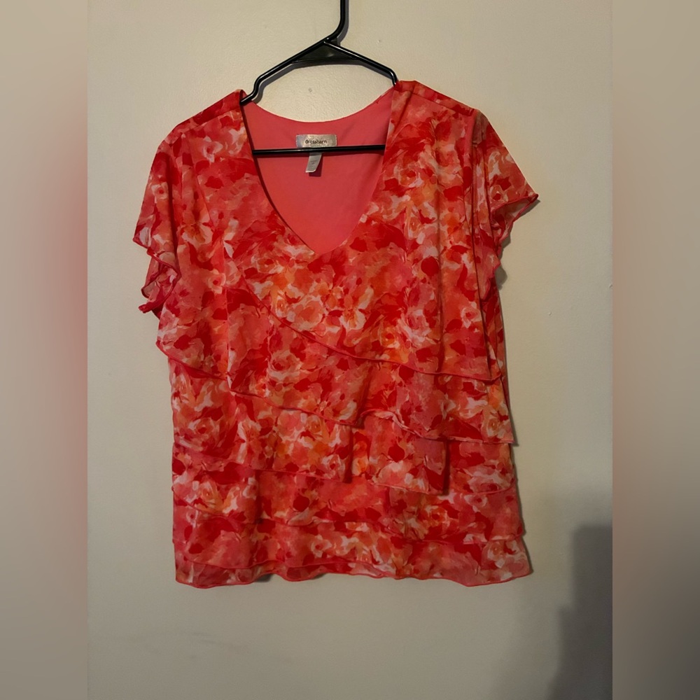 Dressbarn Floral Ruffle Blouse | V-Neck | Size 2X | Coral & Orange